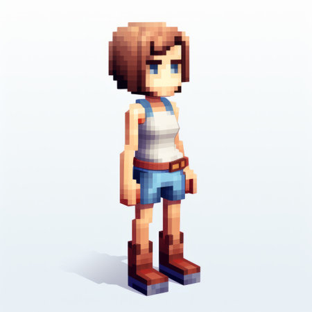 pixel portrait of a girl standing in stockings, featuring luminous 3d objects. the detailed character design showcases a blend of light indigo and light brown tones, with a strong use of contrast. this genderless artwork is rendered in 32k uhd resolution, reminiscent of manga style illustrations. ai generatedの素材