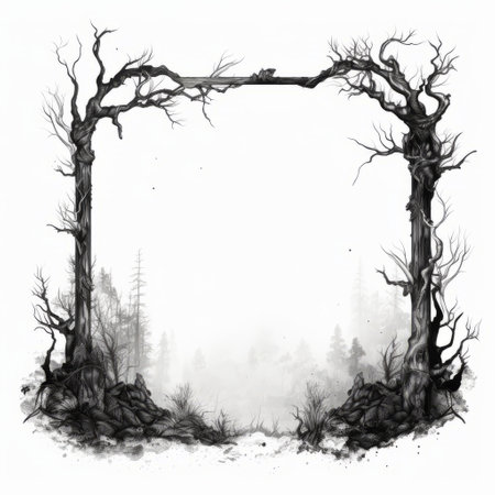 a photo featuring a frame with a tree and treelike trees stands out against a backdrop of a blue sky and fog. the image is reminiscent of macabre illustrations and black and white realism. it resembles 2d game art and mimics the appearance of ruined materials. inspired by the works of ellen jewett, the composition includes arched doorways and a white background. ai generatedの素材