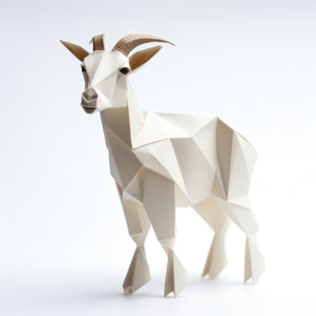 origami goat sculpture, inspired by goerz hypergon 65mm f8 lens, showcased on a clean white background. this monochromatic masterpiece embodies the essence of dansaekhwa art movement, with its ivory hue and bold structural designs. the balanced design of the little goat adds a touch of elegance to any space. ai generatedの素材