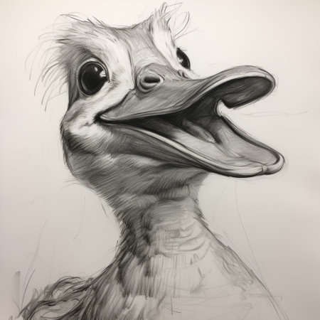 a black and white duck with its mouth open, depicted in a drawing that combines elements of realistic sculptures, sketchy caricatures, and concise brushwork techniques. the artwork showcases the use of brunaille underpainting, zbrush, expressive line-work, and features dreamlike creatures. ai generatedの素材
