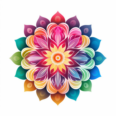 abstract vector design of a colorful flower logo inspired by indian motifs. the vibrant spectrum colors and feminine sticker art create an eye-catching and detailed design. the use of light and shadow adds depth, while the bright palette and psychedelic illustration make it visually striking. ai generatedの素材