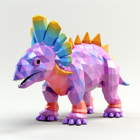 a small, vibrant 3d model of a dinosaur, designed in a geometric composition style. this whimsical creation draws inspiration from fairy kei fashion, featuring spiky mounds and a focus on character design. the shiny, bright color blocks and trace monotone elements add a playful touch to this eye-catching piece. ai generatedの素材
