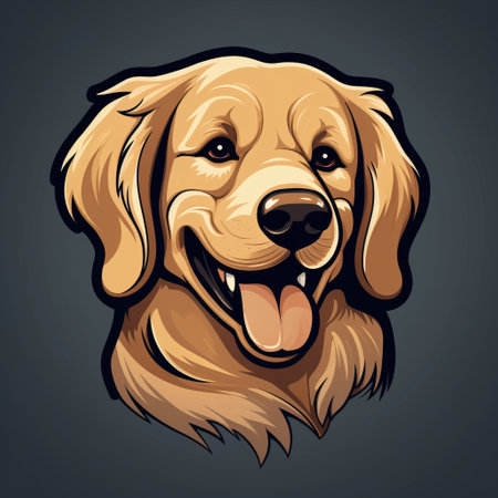 the golden retriever logo features a playful twist with its tongue sticking out, rendered in a vibrant blue color. this unique design combines elements of colored cartoon style and character caricatures, showcasing a mix of dark yellow and light red hues. the logo is intricately detailed, resembling a detailed portraiture. the image has been enhanced using darktable processing, resulting in an accurate and detailed representation.の素材