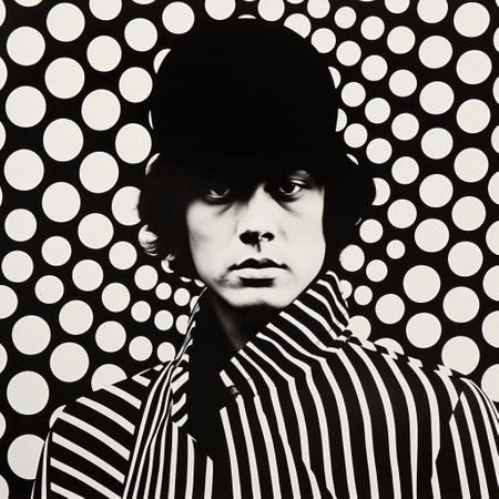 a black and white painting of a man wearing a hat, showcasing the neo-pop iconography style. the artwork features striped and dot-painted colors, incorporating optical blending techniques. inspired by the young british artists (ybas), the painting exhibits orderly symmetry and draws influence from bold fashion photography. the composition also includes swirling vortexes, adding a dynamic element to the overall aesthetic. ai generatedの素材