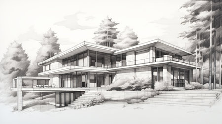architectural drawings of a modern house by david garfield and architectural drawing pencil by paul knudsen rct for architectural design renderings. these highly detailed illustrations, in the style of unreal engine, showcase the impressive panoramas and muted, subtle tones. created by renowned artists stephen shortridge and andrzej sykut from the vancouver school. ai generatedの素材