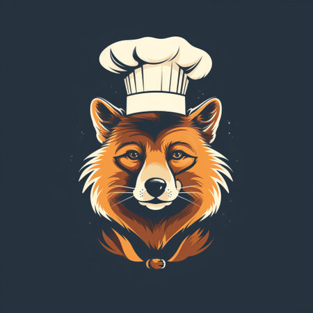 a chef fox wearing a chef hat is depicted in this vector illustration. the artwork showcases a dark indigo and dark amber color scheme, creating a stark realism effect. the graphic design-inspired illustrations incorporate elements of chinese iconography. this unique style combines caninecore aesthetics with bold color blends, resulting in detailed wildlife imagery. ai generatedの素材