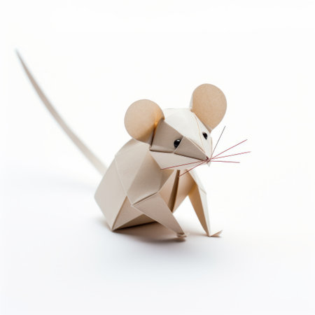 origami rat on white background, featuring rebellious crafts and playful character designs. this intricate creation showcases precisionist lines and traditional technique, reminiscent of the zeiss milvus 25mm f14 ze lens. the ivory-colored origami rat adds a touch of elegance, while the use of ferrania p30 film enhances the overall aesthetic. ai generatedの素材