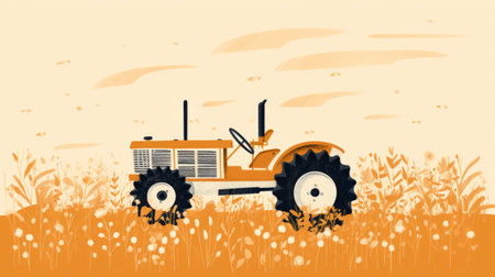 a tractor stands in a field, surrounded by vibrant orange skies. the scene is reminiscent of chic illustrations, with rough clusters and animated elements. the color palette includes light yellow and white, enhancing the intricate details of the illustration. the design style is a unique blend of lowbrow and streamlined aesthetics. ai generatedの素材