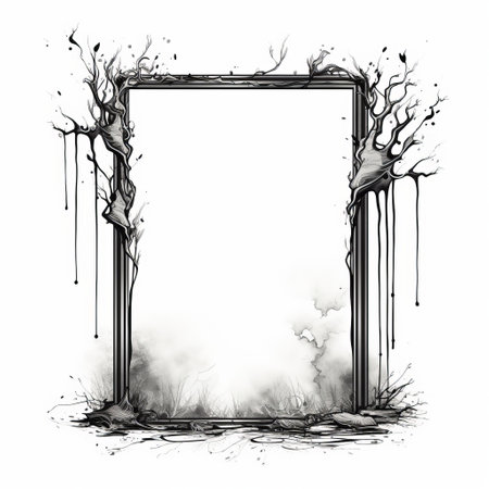 an eerie pencil art illustration of an old window frame emerges from a white background, adorned with twisted tree branches and haunting portraiture. the nightmarish style is enhanced by the liquid metal texture, while drips and splatters add an unsettling touch to the overall composition. ai generatedの素材