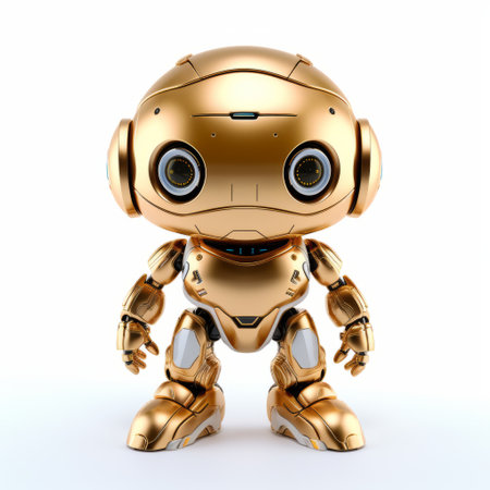 a gold robot with shiny eyes stands on a white background, showcasing its polished craftsmanship. this interactive media piece features a strong facial expression and is designed in the style of babycore. the robot's dark gold and light azure colors add a touch of elegance, while its exacting precision is evident in every detail. ai generatedの素材