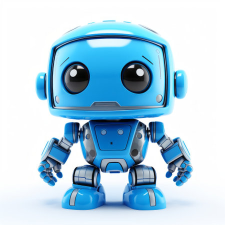 the blue robot sits on a white background, facing forward. its cute and colorful style, along with its shiny eyes, gives it a playful appearance. the use of ray tracing enhances the visual experience, while the babycore aesthetic adds a touch of whimsy. this close-up shot captures the intensity and precisionism influence of the robot's design. ai generatedの素材