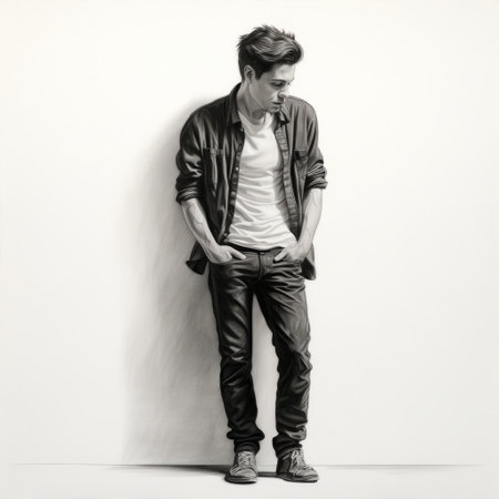 a man wearing jeans stands against a wall in a studio portrait. the photo is in the style of mote kei, featuring a matte finish and a shiny, glossy effect. the monochrome, full-body image showcases the man's legs and highlights the leather-like texture of his jeans. ai generatedの素材