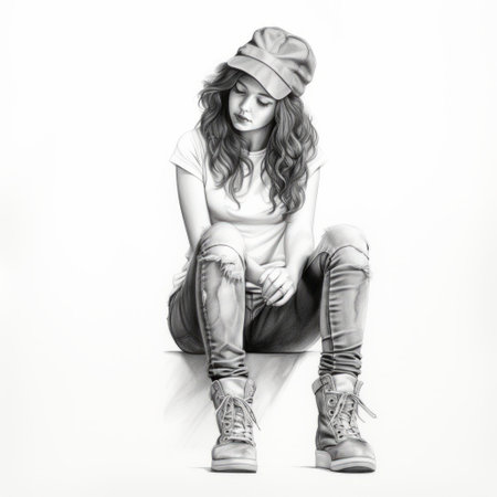 a black and white illustration captures a highly detailed and realistic portrait of a woman wearing sneakers. she is depicted sitting on top of a bench, showcasing the art style of portrait realism. this high-resolution artwork draws inspiration from renowned artists such as artgerm, haifa zangana, and incorporates elements of kidcore. the studio portrait exudes a captivating aesthetic. ai generatedの素材