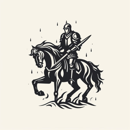 knight on horseback black and white vector illustration featuring a unique style reminiscent of water drops, linocut prints, and depictions of inclement weather. the artwork showcases bold calligraphy, vintage imagery, and minimalist elements inspired by woodcut graphics. ai generatedの素材