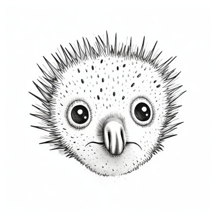 a monochromatic minimalist portrait of an owl with spikes, resembling the styles of artists patrick dougherty and sebastian errazuriz. this whimsical drawing combines realistic details with toy-like proportions, reminiscent of illustrations found in children's books. ai generatedの素材
