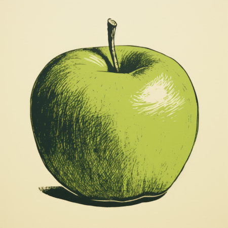 an apple being drawn in vintage poster style, showcasing a light green hue with intense color saturation. the image is printed using darkroom techniques, resulting in high detail. it incorporates americana iconography and skillfully juxtaposes light and shadow. ai generatedの素材