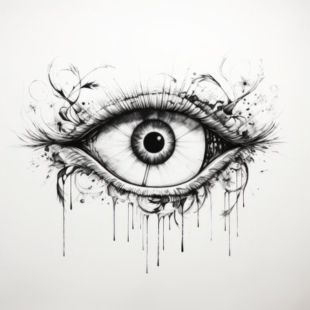 the eye of beauty, a hand-drawn illustration, showcases a majestic composition with a strong use of negative space. the artwork features splattered and dripped elements, along with highly detailed realism. with a tattoo-like quality and a matte photo finish, the eye is magnified, revealing intricate ornamentation. ai generatedの素材