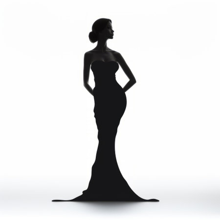 a woman in a long dress, silhouetted against a white background, showcases the grandeur of scale and elegance in this contest-winning photograph. the dress, made of rubber, adds a unique touch to the sleek lines and rounded silhouette. with a dark palette and an elegant realism style, this image captivates with its striking contrast and artistic composition. ai generatedの素材