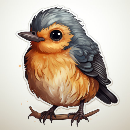 a cartoon bird perches on a light brown branch in a hyper-realistic style, featuring light orange and dark gray colors. the caricature-like illustrations are spray painted, showcasing cute and cartoonish designs. ai generatedの素材