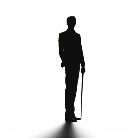 a black silhouette of a male wearing a suit with a cigarette, digitally enhanced in a realist lifelike accuracy style. the photo features forced perspective and a white background, resembling an associated press photo. the use of caravaggesque chiaroscuro adds depth and drama to the image. the silhouette is made of rubber, creating a unique visual effect. ai generatedの素材