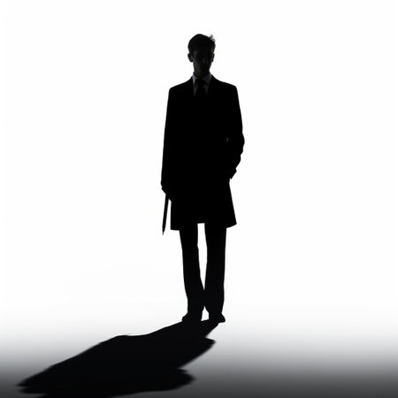 a silhouette of a man, inspired by the style of john watkiss, stands against a white background. this digitally enhanced image exudes an understated sophistication reminiscent of the darkest academia aesthetic. the influence of artists like nd stevenson and craig thompson can be seen in the composition, creating a captivating visual reminiscent of mysterious happenings. ai generatedの素材