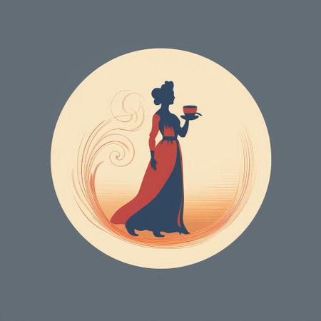 a vintage-inspired tea cup logo for fananc acd, featuring a romantic illustration in the style of a vintage poster design. the logo showcases a fanciful costume design with light red and dark gray colors, creating a harmonious composition. the overall aesthetic is enhanced by the use of light indigo and amber tones. ai generatedの素材