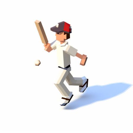 a cartoon boy, in the style of voxel art, is shown hitting a cricket ball with a bat. the image is captured using high-speed sync, resulting in a high-resolution depiction. the color scheme predominantly features white and red. the artwork showcases elements of kintsukuroi, adding a unique touch. the overall portrayal is characterized by realist lifelike accuracy, while maintaining a simple and engaging aesthetic. aiの素材