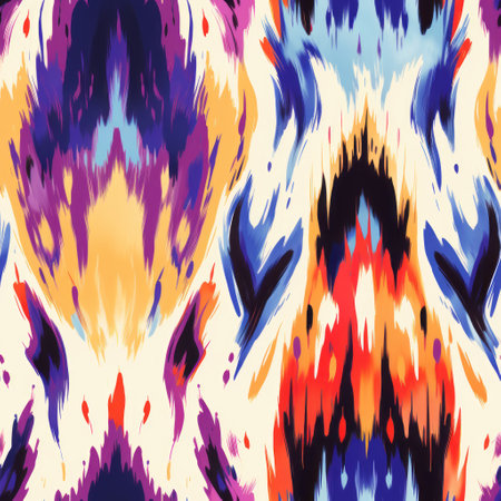 an abstract pattern featuring colorful flowers in fluid brush strokes, showcasing attention to fur and feathers texture. the vibrant combination of orange and indigo, along with light indigo and magenta, creates a visually striking composition. the distorted and elongated forms, inspired by asian motifs, add an intriguing touch. the contrasting lights and darks further enhance the overall visual impact. ai generatedの素材