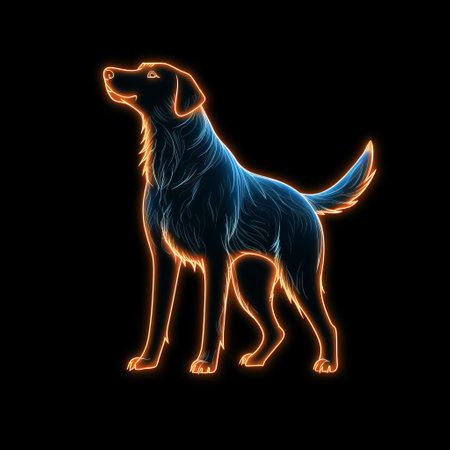a cute orange dog stands on a black background, illuminated by digital neon lights in shades of black and blue. the image showcases a unique style of solarization, with detailed hunting scenes and energy-filled illustrations. the natural symbolism is enhanced by the realistic lighting, creating a visually captivating composition. ai generatedの素材