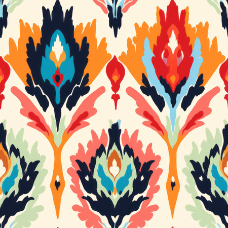 the tropical kalmar wallpaper showcases a multicolor design inspired by polish folklore motifs. with detailed background elements and a touch of contemporary turkish art, this wallpaper features flowing draperies and vibrant color palettes. the combination of orange and blue hues adds a lively touch, reminiscent of ottoman art. ai generatedの素材