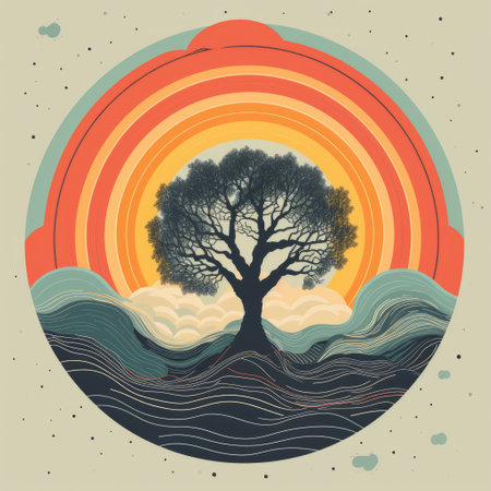 a vintage-style poster design featuring a simple tree within a circular frame, set against a sunset backdrop. the composition showcases wavy lines, organic shapes, and layered atmospheric landscapes. the illustration captures fluid and flowing lines, creating a multicolored landscape with a touch of vintage imagery. ai generatedの素材