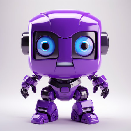 violet robot with big blue eyes standing on a grey carpet, looking at the camera. this 3d rendering showcases an adorable toy sculpture style with a blocky, glossy finish. the purple and black robot, made of plastic, creates a visually appealing screenshot saturday image in ultra-high definition (uhd). ai generatedの素材