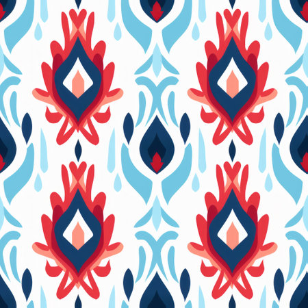 an arabic-inspired pattern showcasing large blue and red tiles, reminiscent of polish folklore motifs. the design incorporates a paint dripping technique, vibrant colors, and dynamic lines. watercolor illustrations and stylized simplicity are also evident, along with native australian motifs. ai generatedの素材