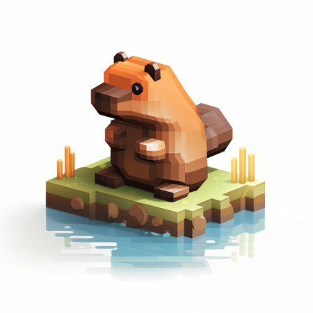 a 12x12 illustration of a beaver game in the style of voxel art. the artwork showcases isolated landscapes and stone sculptures, creating interactive experiences. the distinctive character design features minimalistic canine sculptures, adding to the interactive exhibits. ai generatedの素材