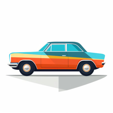 a retro car with a colorful paint job is depicted in this cartoon image. the car features a dark orange and light azure color scheme, with flat compositions and streamlined forms. the design is influenced by eastern orthodox icons, showcasing angular dramatism and color stripes. the use of mundane materials adds to the overall aesthetic. ai generatedの素材