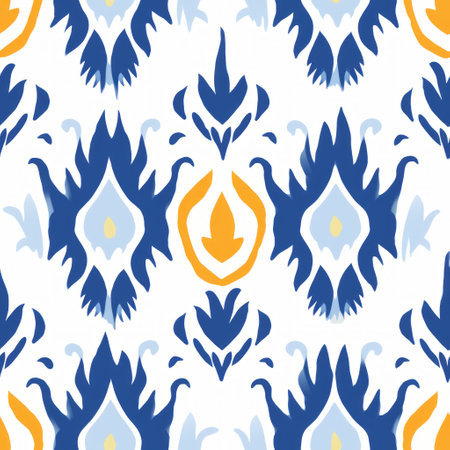 blue and orange swirls design fabric with a geometric pattern, reminiscent of simplistic vector art. this high-resolution fabric showcases a fusion of dark, white, and yellow colors, drawing inspiration from polish folklore motifs. the design also incorporates elements of ottoman and indonesian art, resulting in a vibrant and neo-traditional aesthetic. ai generatedの素材