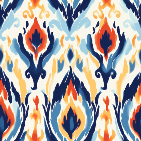 an orange, blue, and yellow watercolor pattern with sophisticated ornamentation. the light white and indigo colors of the elba damast design create a flowing fabric effect. the melting pots of colors blend together with precisionist lines, resulting in a visually captivating illustration. ai generatedの素材
