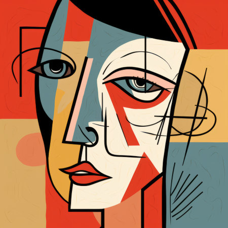 a colorful abstract portrait of a female face, showcasing the angular cubism style. the strong facial expression is enhanced by the linear illustrations in vibrant shades of red and cyan. this traditional composition features large canvas paintings, adorned with thought-provoking illustrations of psychological phenomena. ai generatedの素材