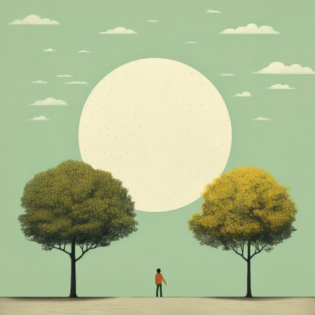 a girl stands beside a man, surrounded by trees in a dreamlike horizon. this conceptual minimalism photograph captures the essence of mid-century illustration with its textured illustrations and forced perspective. the contrasting scale of light yellow and dark cyan adds depth to the image, creating a visually captivating scene. ai generatedの素材