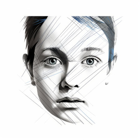 the child's face is captured in an abstract style with white borders, resembling realistic hyper-detailed portraits. the image showcases a blend of linear simplicity, with shades of gray and azure. this national geographic photo has elements of fashion illustration, featuring layered lines that add depth and texture. it evokes the essence of celebrity portraits. ai generatedの素材