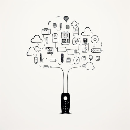a computer vector tree symbol with internet devices drawn icon, showcasing the unique style of immutable perceptions, flowing silhouettes, associated press photo, quirky characters and objects, atmospheric clouds, smartphone footage, and intricate pen illustrator. ai generatedの素材