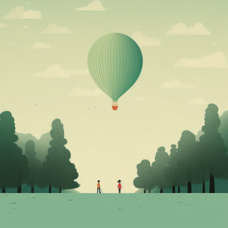 a boy and a girl are seen in an image of a hot air balloon flying. the tonal landscapes and flat perspective create a captivating scene that captures the essence of nature. the light cyan and green colors add to the overall aesthetic. this editorial illustration showcases atmospheric woodland imagery, digitally enhanced for a visually stunning effect. ai generatedの素材