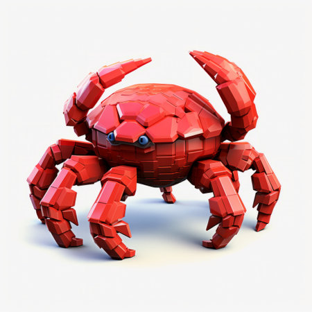 a red crab, a 3d model with three legs, showcases vibrant color blocks, modular patterns, and mechanical designs. this kombuchapunk-inspired creation incorporates innovative techniques and pixel-perfect details, giving it a unique heistcore aesthetic. ai generatedの素材