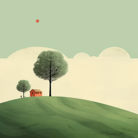 a small house and trees sit atop a lush green hill, reminiscent of emiliano ponzi's textured and organic landscapes. the artwork showcases a blend of light red and light cyan hues, evoking a sense of nostalgia and tranquility. the digital art techniques used in this piece embody a zen minimalism, reminiscent of the style of kerem beyit. ai generatedの素材