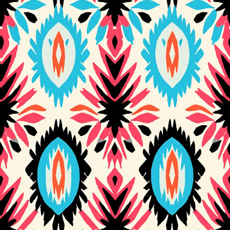 a photo of a vibrant rug pattern design featuring bold stencil and ornate designs on a black and red background. the design incorporates a mix of light beige and turquoise colors, with radiant neon patterns and leaf motifs. the brushwork is free-flowing, resulting in a visually striking and pattern-based painting. ai generatedの素材