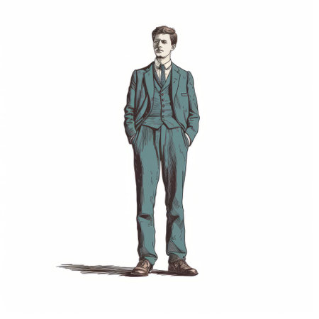 a guy posing in the grass for a vintage comic-style photo. the image features elegant outlines, teal and bronze tones, and a historical illustration vibe. it is a studio portrait with isolated figures, reminiscent of hand-coloring techniques. ai generatedの素材