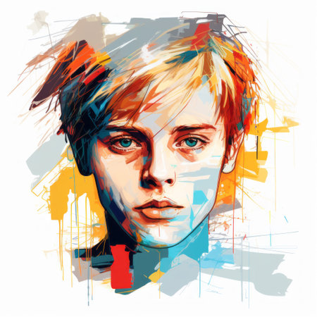 blue and orange portrait by fredrick simmons, inspired by the artistic styles of emiliano ponzi and russ mills. this colored cartoon-style artwork, reminiscent of josef kote, features a vibrant combination of light yellow and dark red. the composition showcases youthful protagonists in a graphic print-based design. ai generatedの素材
