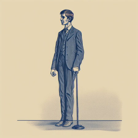 a man stands with a walking stick in a vintage comic style portrait. the realistic hyper-detailed features capture the essence of edwardian beauty. the subdued color palette adds to the nostalgic feel, while the whiplash lines and rim light create a dynamic effect. the man's pensive stillness adds depth to the composition. ai generatedの素材