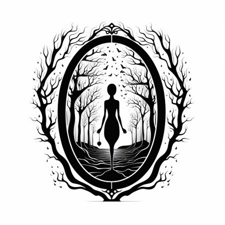 a vector illustration of a girl standing amidst the trees in an autumn forest. the illustration is done in a gothic black and white style, with influences from zen buddhism. it features symmetrical figures and incorporates lovecraftian elements. the artwork also includes symbolic iconography and is created by the artist andreas rocha, making it suitable for tattoo designs. ai generatedの素材