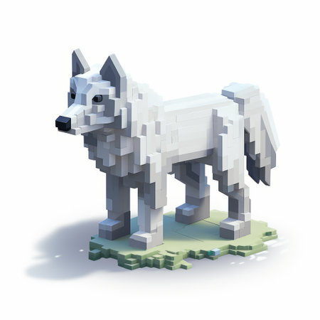 a pixellated cat sculpture stands on a white platform, resembling minimalistic canine sculptures. the highly detailed environment surrounding it is blocky and whistlerian, with a color palette of white and silver. made of plastic, this bold and vibrant artwork features distinct color blocks. ai generatedの素材